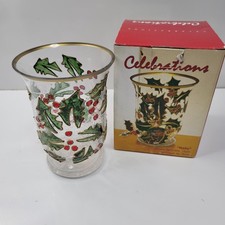 Celebrations Crackle Glass Christmas Votive Candle Holder Holly and Berries