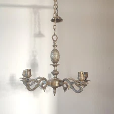 Antique Brass Five-Arm Chandelier – Ornate Rococo Revival Ceiling Light (c.1900)
