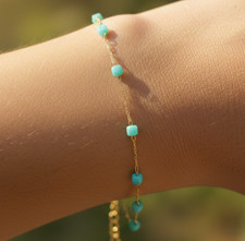 Boho Turquoise Beaded Gold Tone Bracelet 18K Gold Plated Minimalist Chain