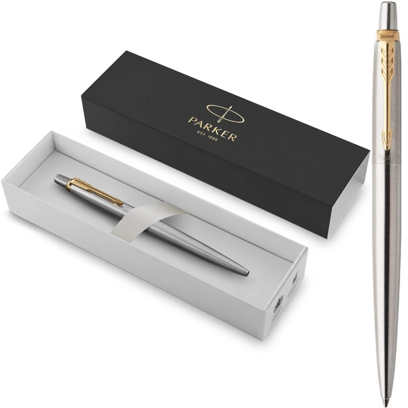 Parker Jotter Ballpoint Pen Stainless Steel with Golden Trim Medium Point Blue