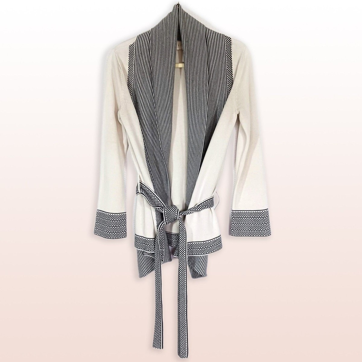 SHAE Cardigan Shawl Collar Cotton Tencel Cashmere Blend Black & Cream Size S