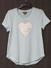 Style & Co. Womens Size S Heart USA Love Aqua Short Sleeve Tee Shirt