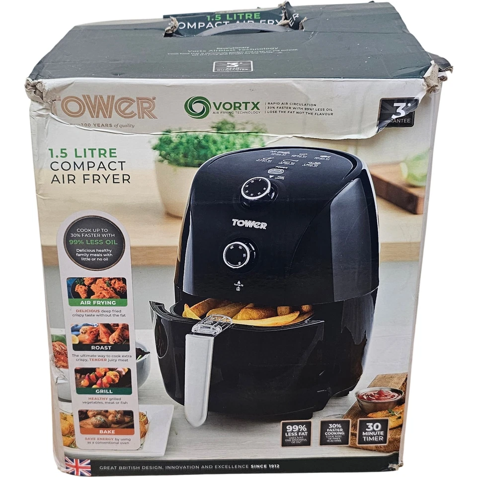 TOWER Vortx 1,5 Liter Kompakt Luftfritteuse 30 Min Timer Schwarz Gesund Kochen TH