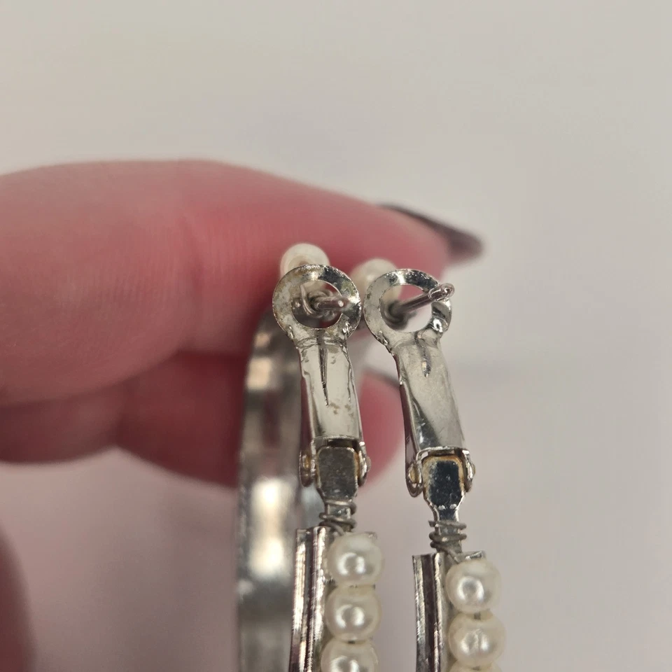 Faux Ivory Colored Pearl Beaded Silver Tone Hoop Earrings - Image 4 of 4