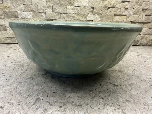 McCoy USA Pottery 9” Sea Mist Green  Glazed Embossed Serving Bowl Fruit Design