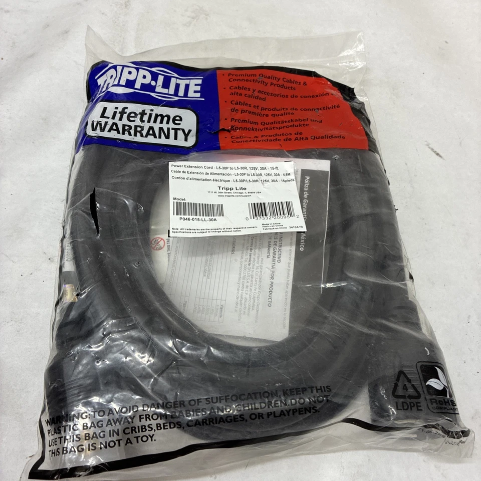 Cable de extensión de alimentación Eaton Tripp Lite Series, NEMA L5-30P a NEMA L5-30R-pesado Foto 2 de 2