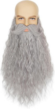Mens Long Curly Cosplay Wizard Fake Beard with Handlebar Mustache