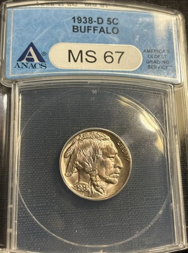 1938-D BUFFALO NICKEL OLD ANACS HOLDER MS 67, VERY NICE COLOR