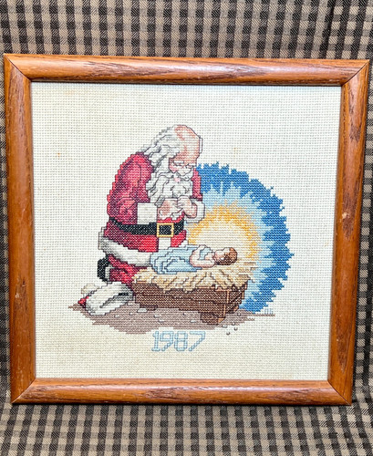 Vintage Needlepoint Santa Baby Jesus Manger 10"x 10" Framed Wall Hanging 1987