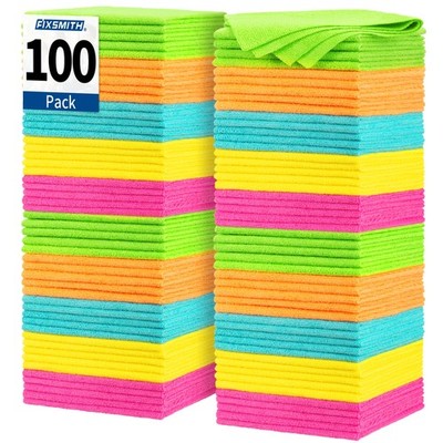 FIXSMITH Microfiber Cleaning Cloth, 100 Pack Shop Towels, 100PK, 5 Colors 