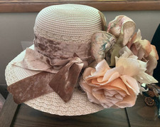 NEW Edwardian Victorian Hat w/ Ecru Roses  Velvet Ribbon, One Size,UV Protected