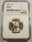 1941 NGC MS66 WASHINGTON QUARTER 25c MS 66