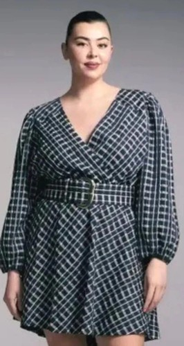 Tanya Taylor Nicola Plaid Check Long Sleeve Belted Navy Marbl Dress Size 12 NWT
