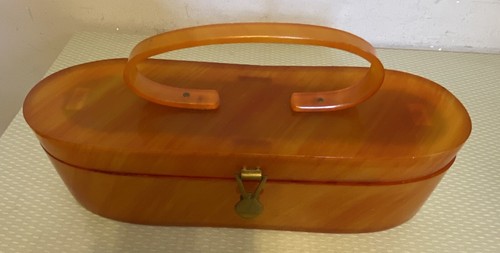 50s MCM vintage Maxim Lucite Box Purse Butterscotch Amber Plastic Oblong Oval - Picture 2 of 20