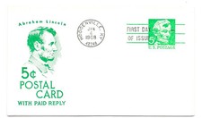 UY21 5c+5c Lincoln Reply Card Jackson FDC