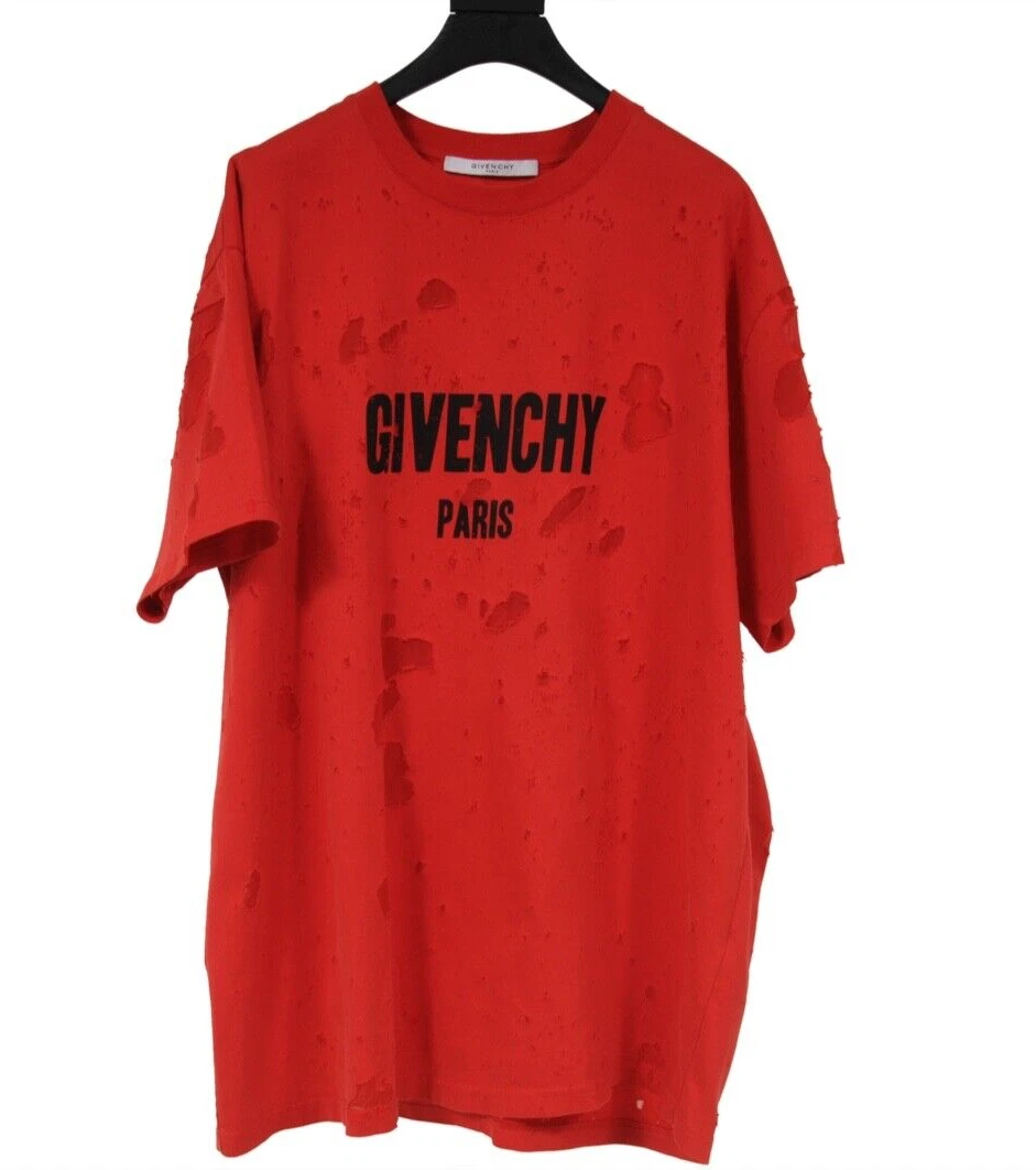 Givenchy Mens Logo T Shirt Size Large Red Black Distressed Cotton Short Sleeve |