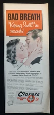 1952 Clorets Chlorophyll Gum PRINT AD Bad Breath Kissing Sweet in Seconds