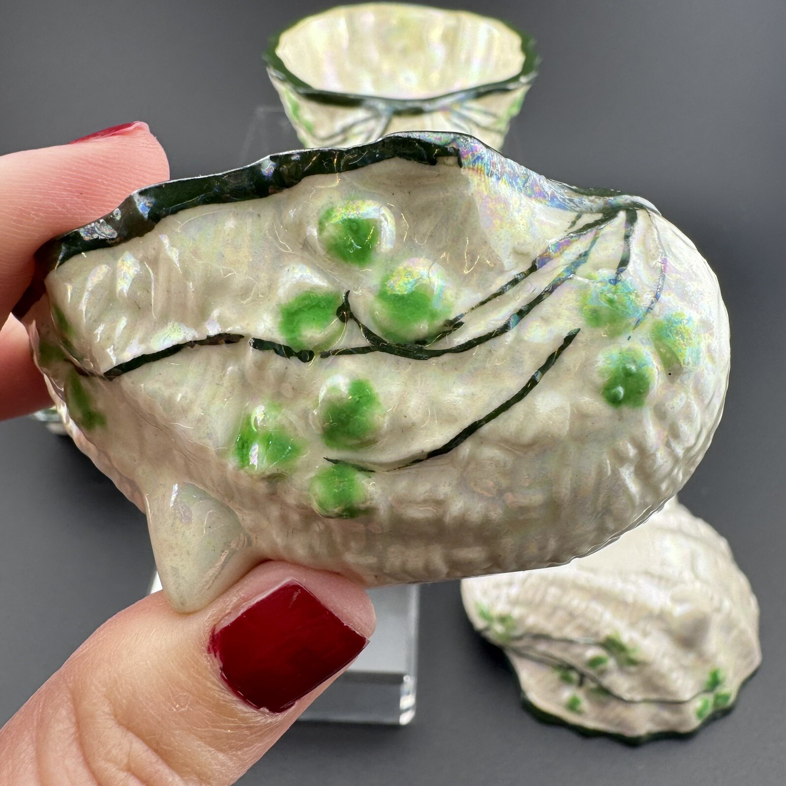 Maruhon Ware Lot 4 Shell Shaped Sauce Bowls Shamrock Clover Basket Weave Japan