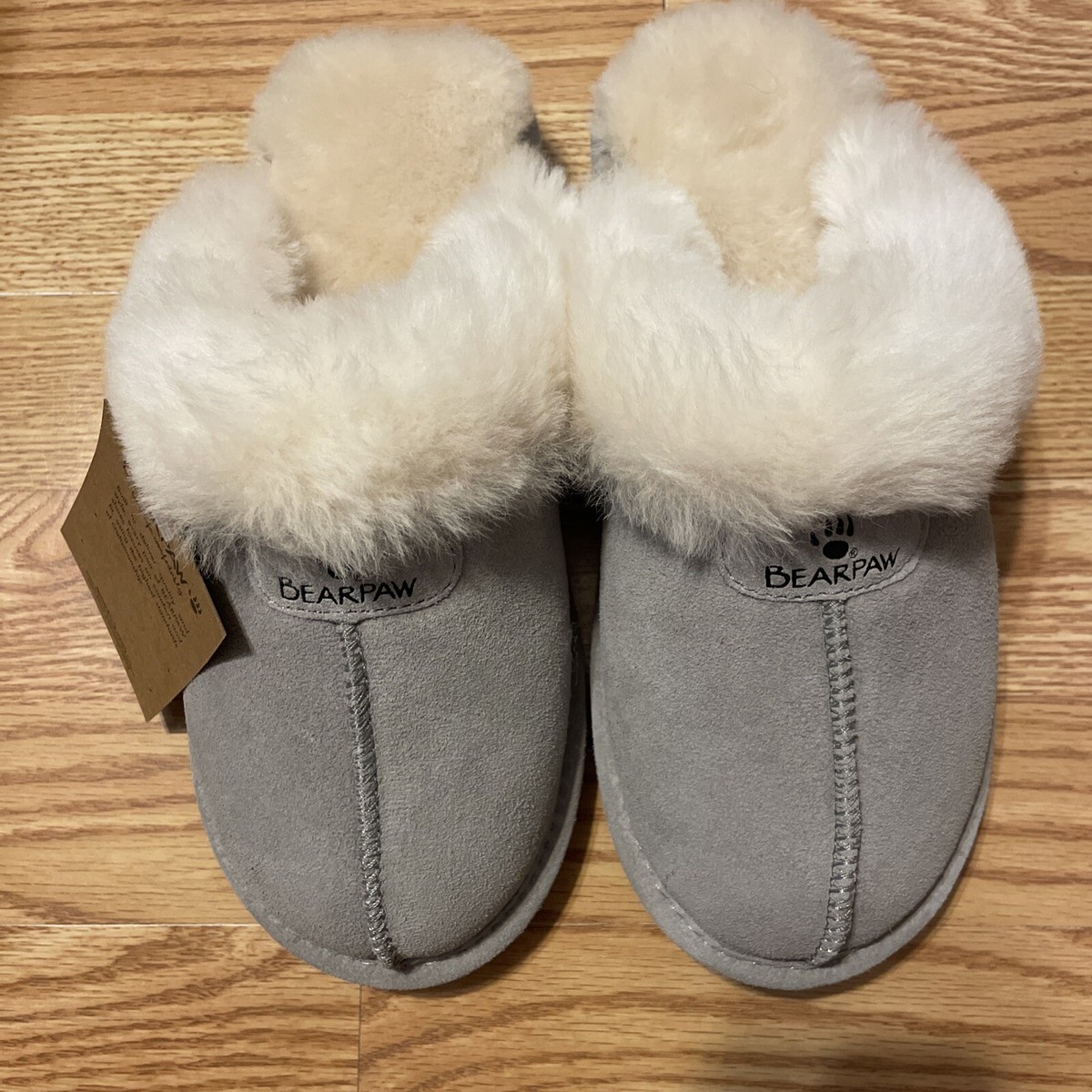 BEARPAW Women's Gray Shearling Slippers Size Sheepskin Real Suede Leather  New