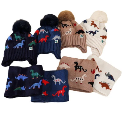 Winter Boys Dinosaur Fleece Lined Knitted Hat Scarf Set Kids Beanie Warm Ski Cap