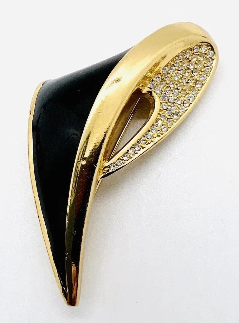 Broche Christian DIOR strass transparent émaillé noir signée bijou vintage