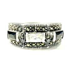 SIZE 6,8 BLACK WHITE CZs RING Band Style w/ Marcasite .925 STERLING SILVER