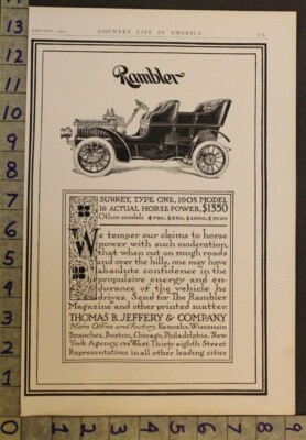 1905 RAMBLER SURREY THOMAS JEFFERY KENOSHA WISCONSIN MOTOR CAR AUTO AD UB30