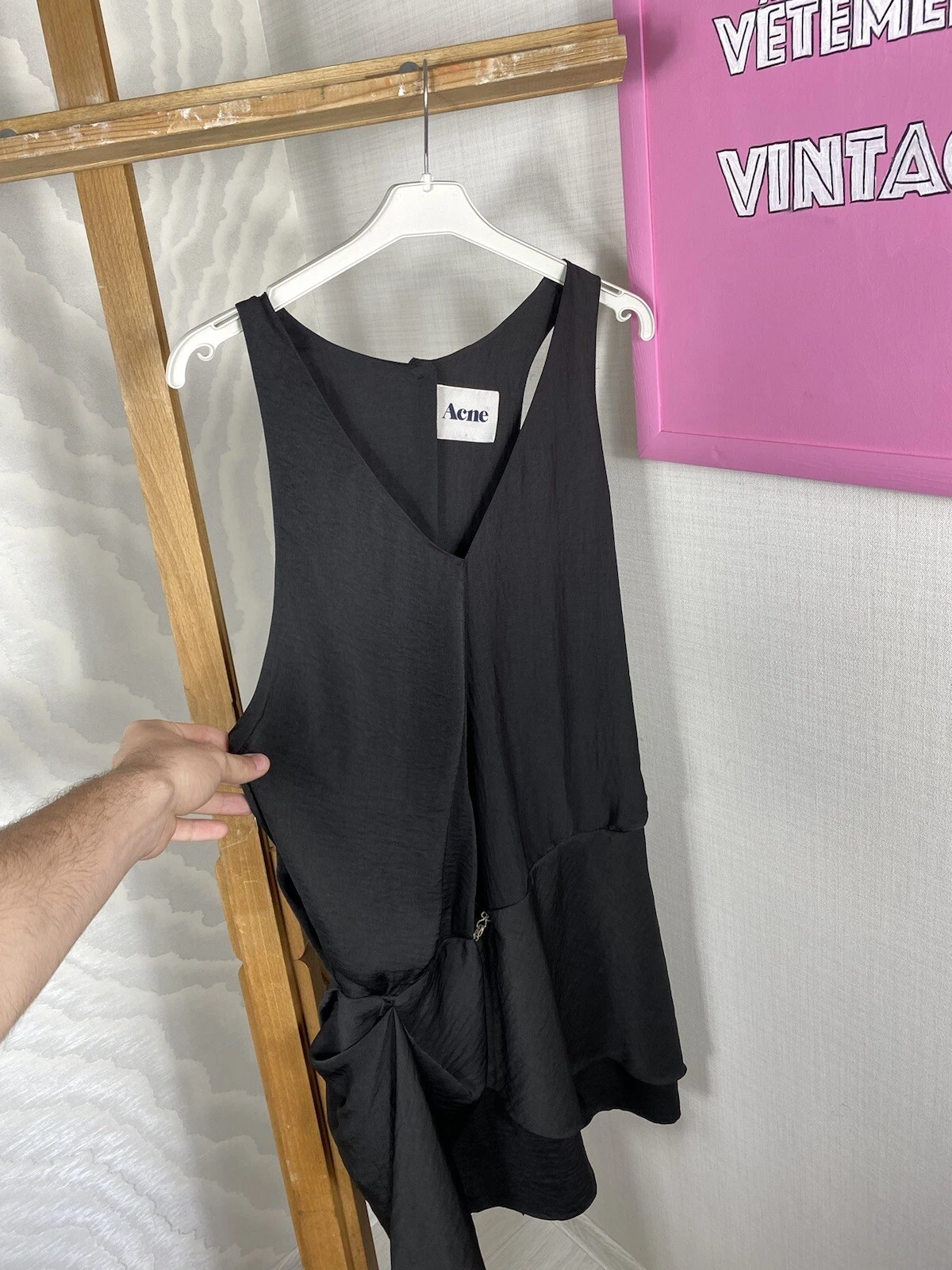 Abito senza maniche Acne Studios raso nero svasato mini taglia M asimmetrico