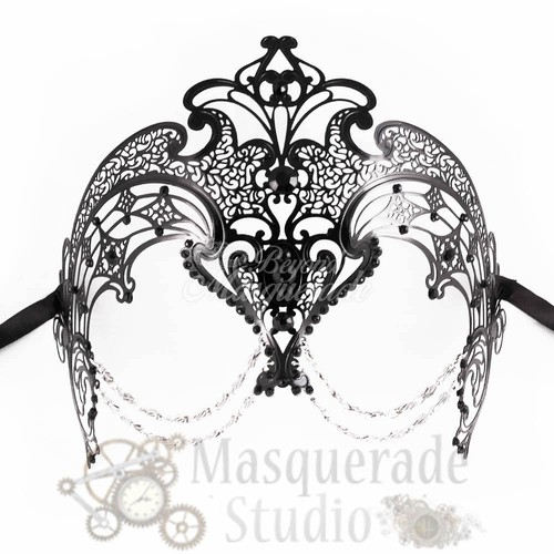 Womens Egyptian Venetian Black Rhinestones Laser-Cut Metal Masquerade Mask - Picture 2 of 4