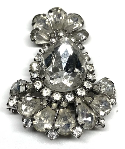 Vintage Eisenberg Clear Rhinestone Silver Tone Flower Art Deco Brooch Pin
