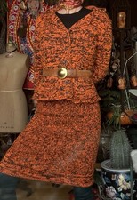 Vintage Wool Blend Hand-Knit 1960s  70s Orange  Black Knit Skirt Suit Rare 