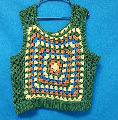 Handmade Retro Crochet Green/Blue/Yellow Granny Square Sleeveless Vest