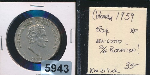 1958 Colombia 50 Centavos - Rare Error Rotated Die 25% or 1/4 Rotated - #5943