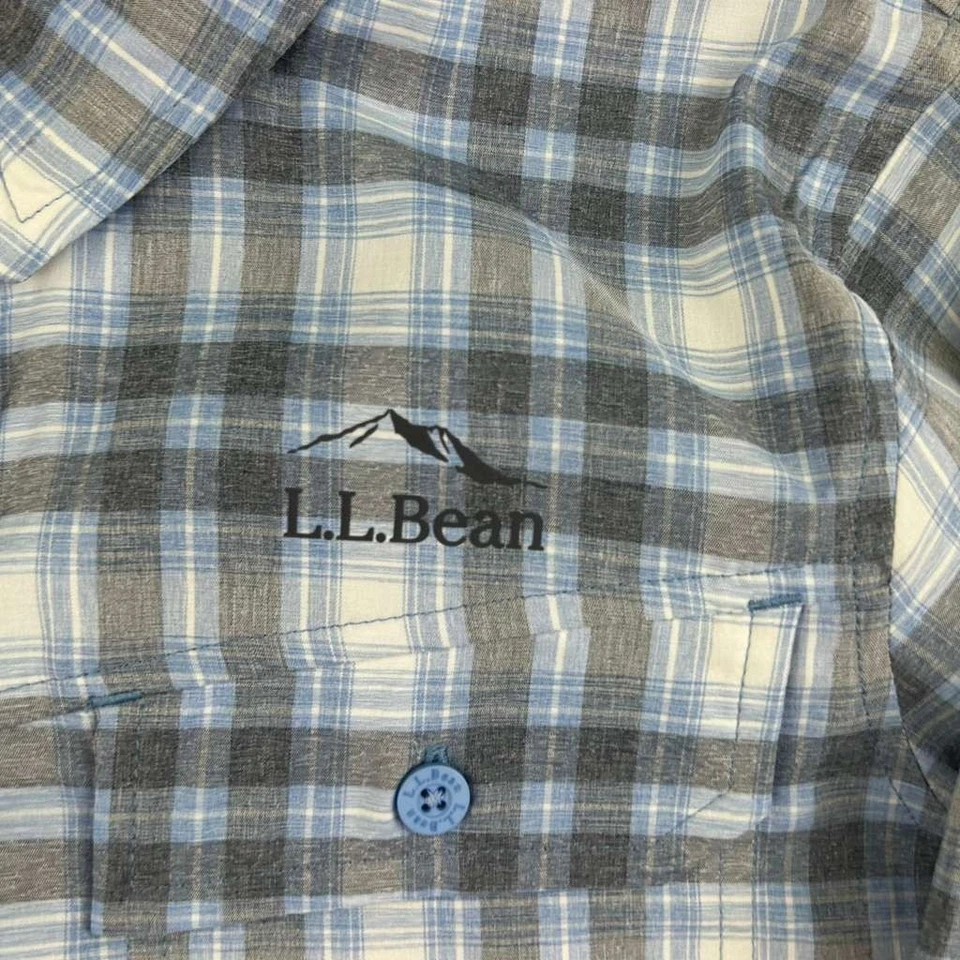 Camisa LL Bean para mujer SP azul gris a cuadros nailon lengüeta enrollable mangas largas abotonada Foto 3 de 4