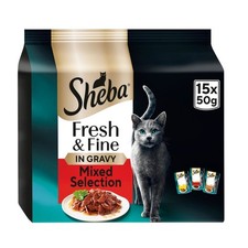 90 x 50g Sheba Fresh & Fine Adult Wet Cat Food Pouches Mixed Meat In Gravy 7.30 per kilo