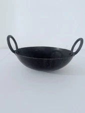VTG RARE Rustic Cast Iron Handmade Kadai 11"x4" Wok Frying Pan Cookware +Handles