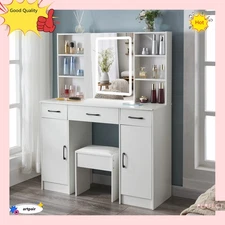 NEW Vanity Table Makeup Dressing Desk W/ Lighted Mirror Large Drawer Stool Set
