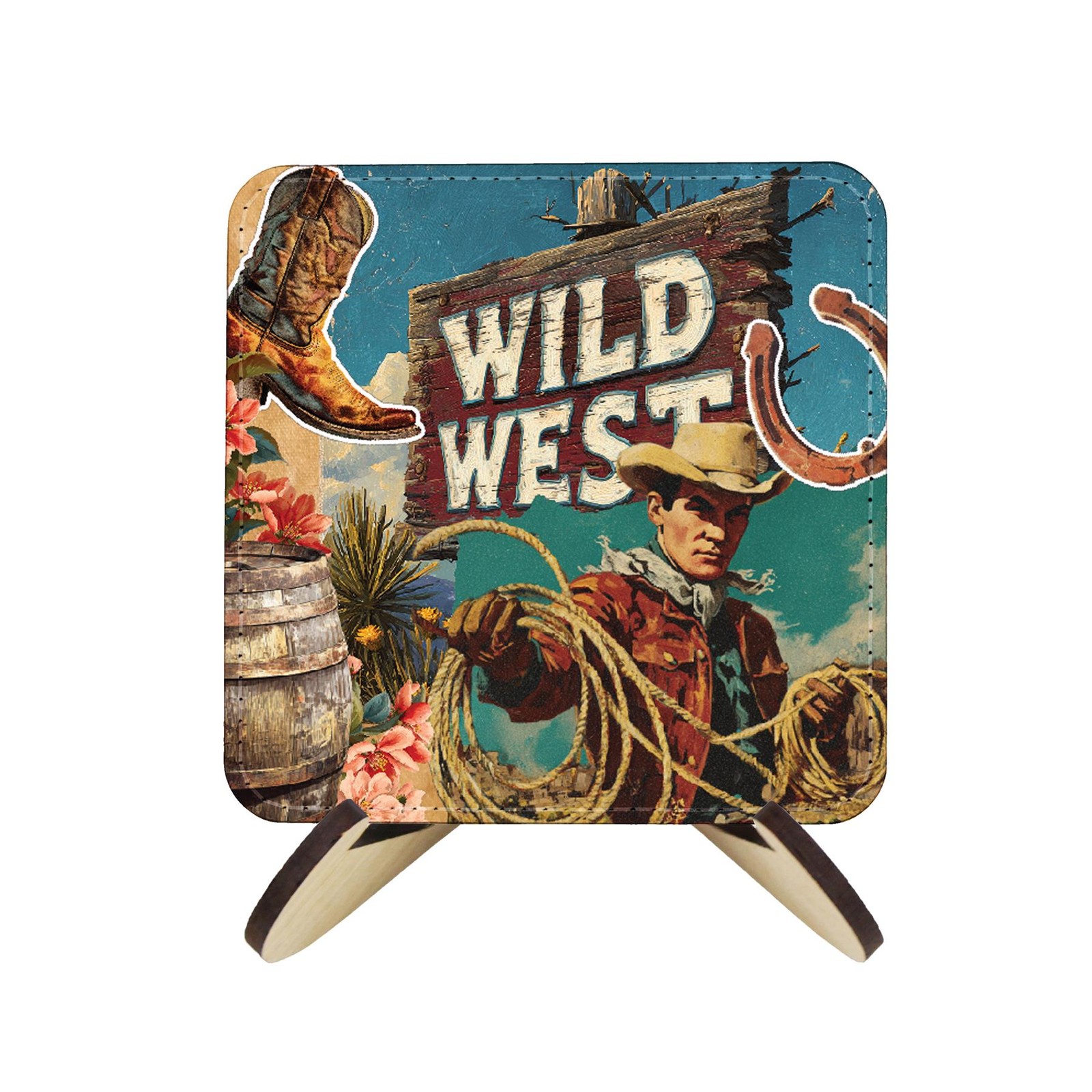 Set of 4 Wild West Collage Faux Leather Coasters & Wooden Stand Gift
