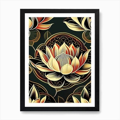 Lotusblume Muster Retro Illustra gerahmtes Wandbild Poster Leinwanddruck Bild
