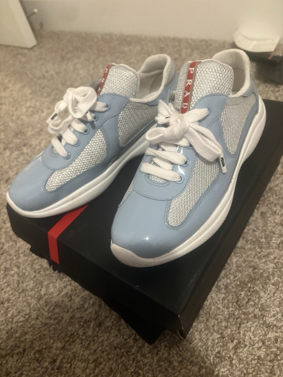 PRADA 6420 Light Blue White Patent Leather Mesh Lace Up Low Top
