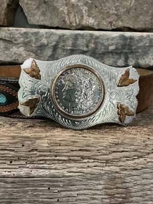 Comstock Silversmiths Silver  1887 Morgan Dollar Western Buckle+Belt Very Cool