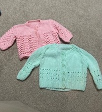 2x Hand Knitted Baby Cardigan in pink & turquoise 0-3 months 