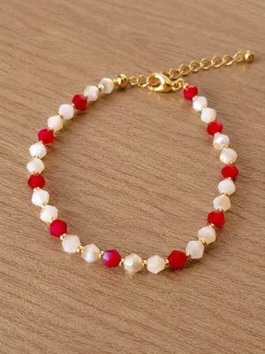 Bracelet femme perles rondes facettées rouge blanc réglable fait main doré - Photo 1/2