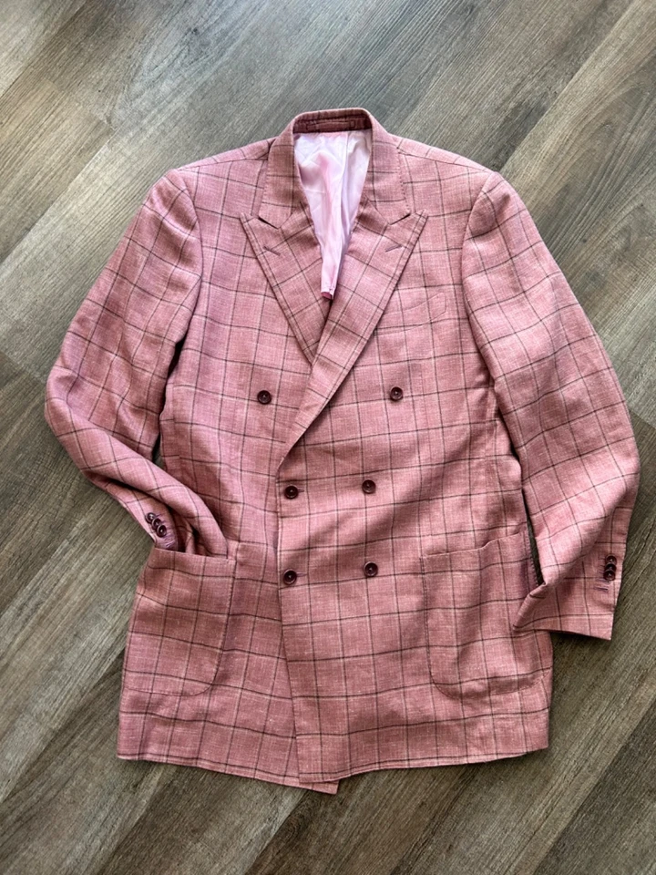 Mark Pomerantz bespoke pink plaid merino wool DB blazer sport coat jacket 42XL - Image 2 of 4