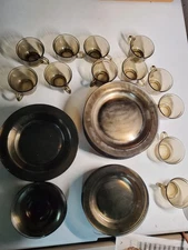 60 pc Vintage Arcoroc Smoked Glass Complete tableware table settings for 12