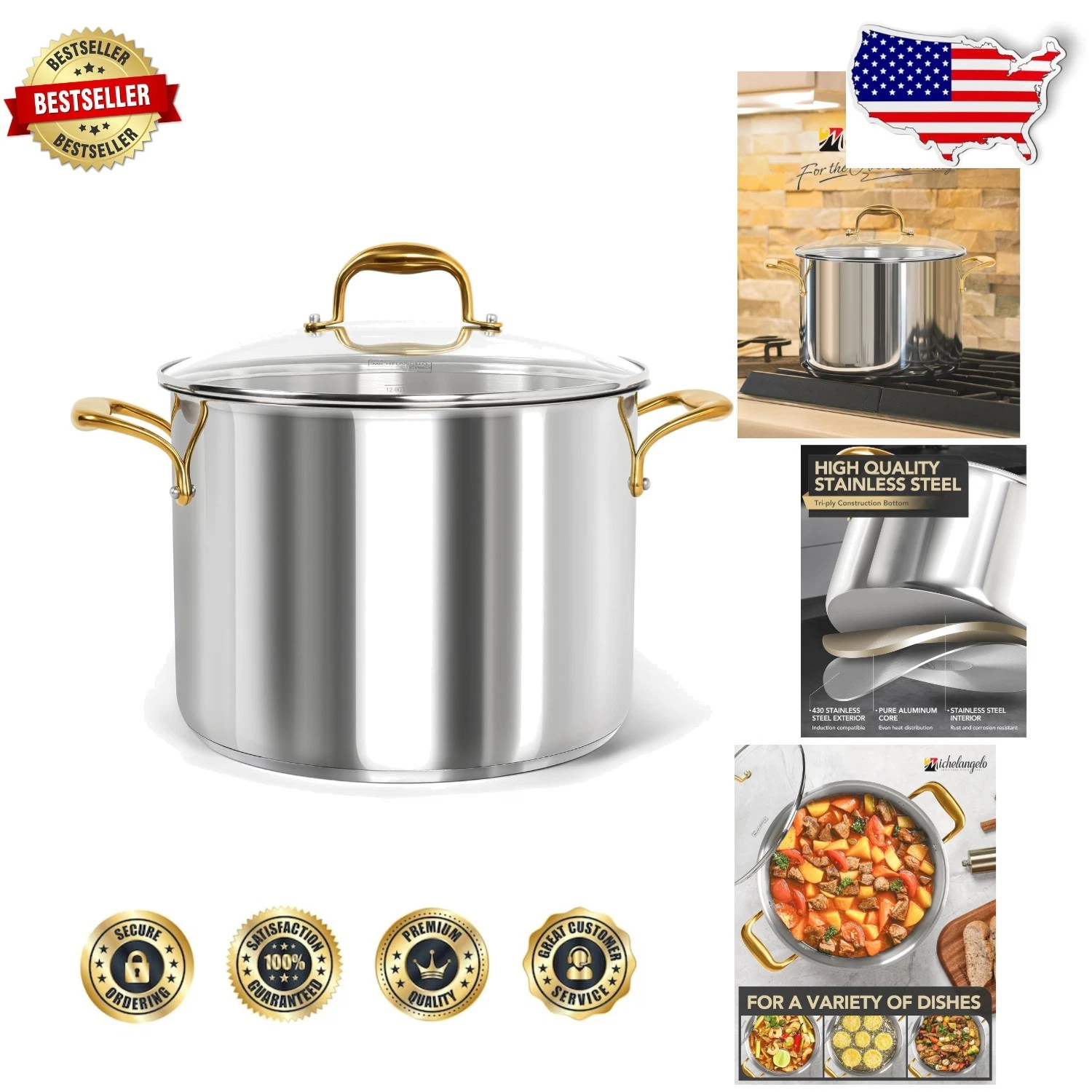 Large 12 Qt Soup Pot, Durable Stainless Steel, Oven Safe, Induction Compatible