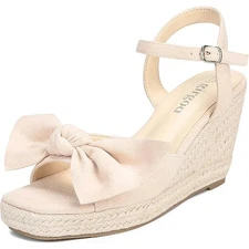 Girgod Womens Size 9 Pink Tan 3.5" Wedge Sandal Bow Ankle Strap Open Toe Shoes