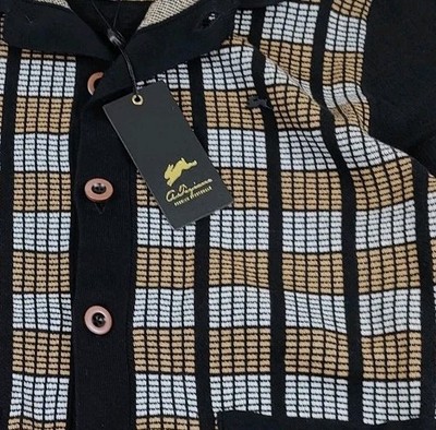 A. Tiziano Textured Knit Cardigan Sweater Black Gold Plaid Urban