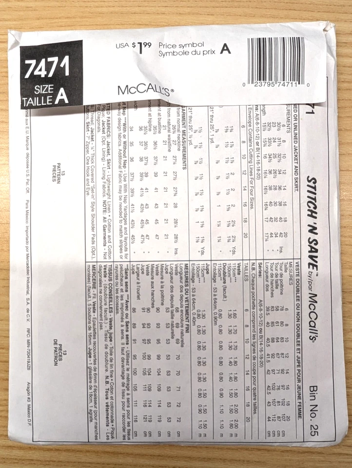 McCall's EASY stitch 'n save 7471 Sz A 6-12 Misses Jacket & Dress Elegant Uncut - Image 2 of 3