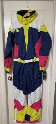 Tipsy Elves Men s Medium Neon Knockout Ski/Snow Suit Navy/White/Yellow/ Pink